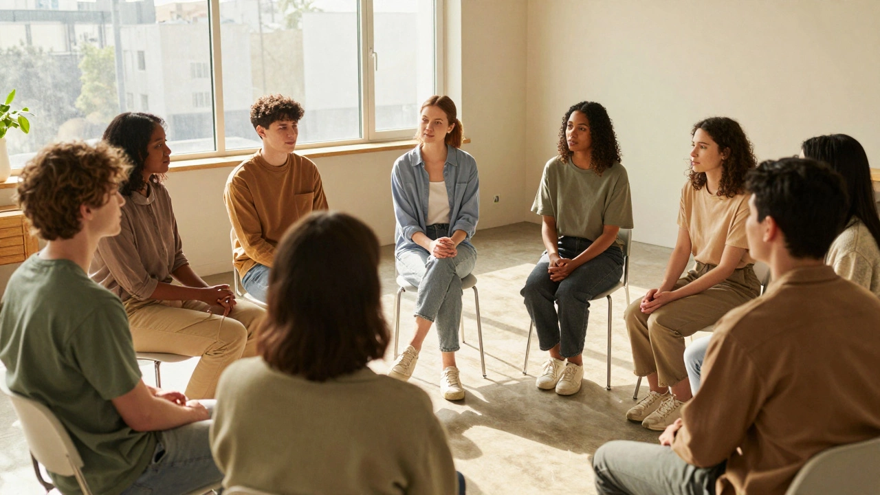 Support group meeting in warm light, showing hope and community healing