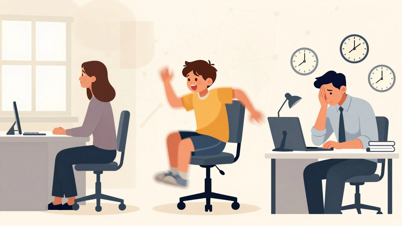 Three figures depicting inattentive, hyperactive, and combined ADHD presentations