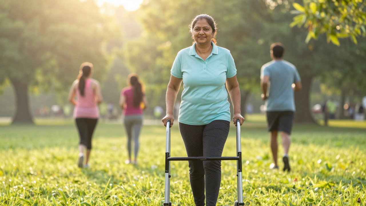 Woman walking freely in park months after knee replacement
