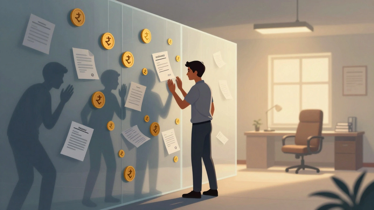 Young Indian facing a wall of money and stigma blocking access to mental health care.