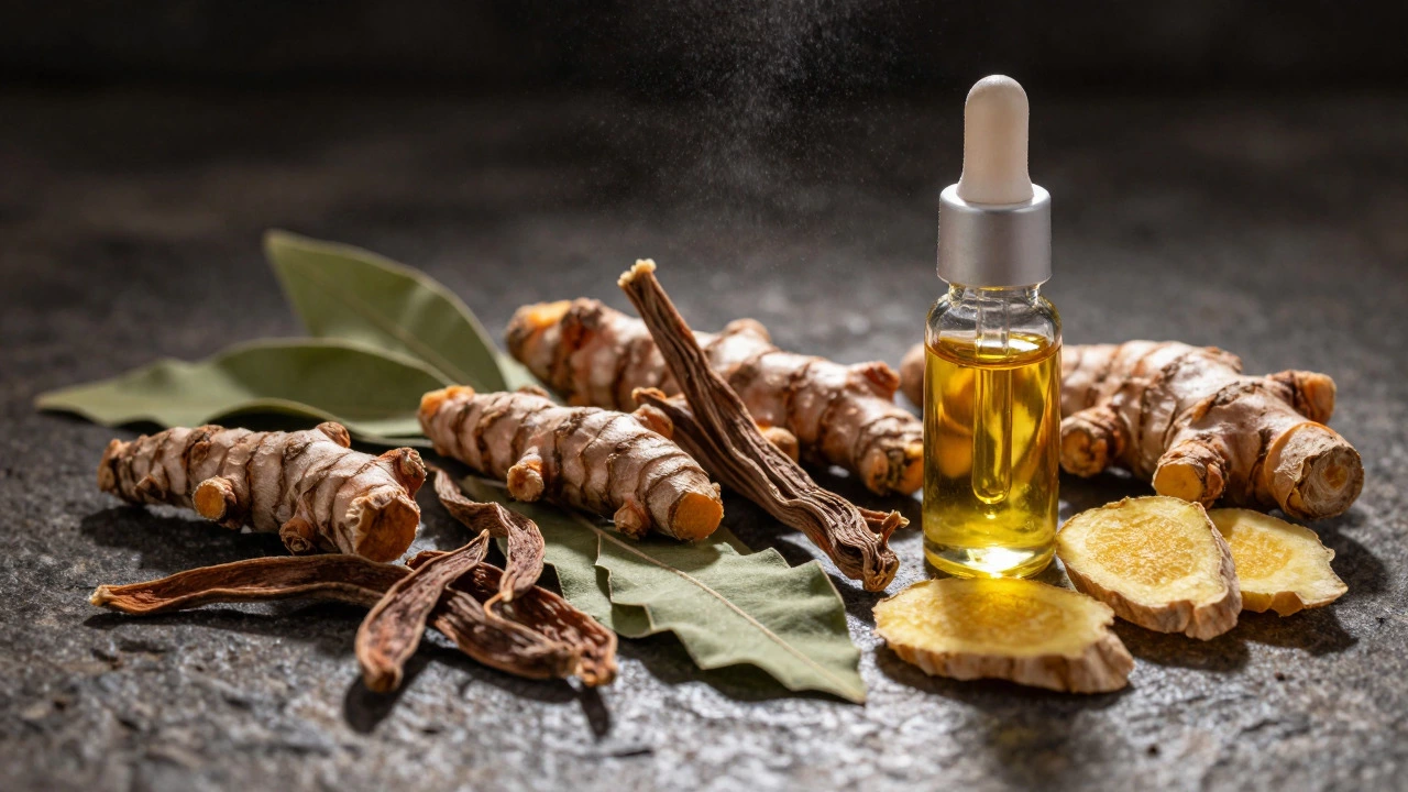 Arrangement of dried Ayurvedic herbs like ashwagandha and turmeric