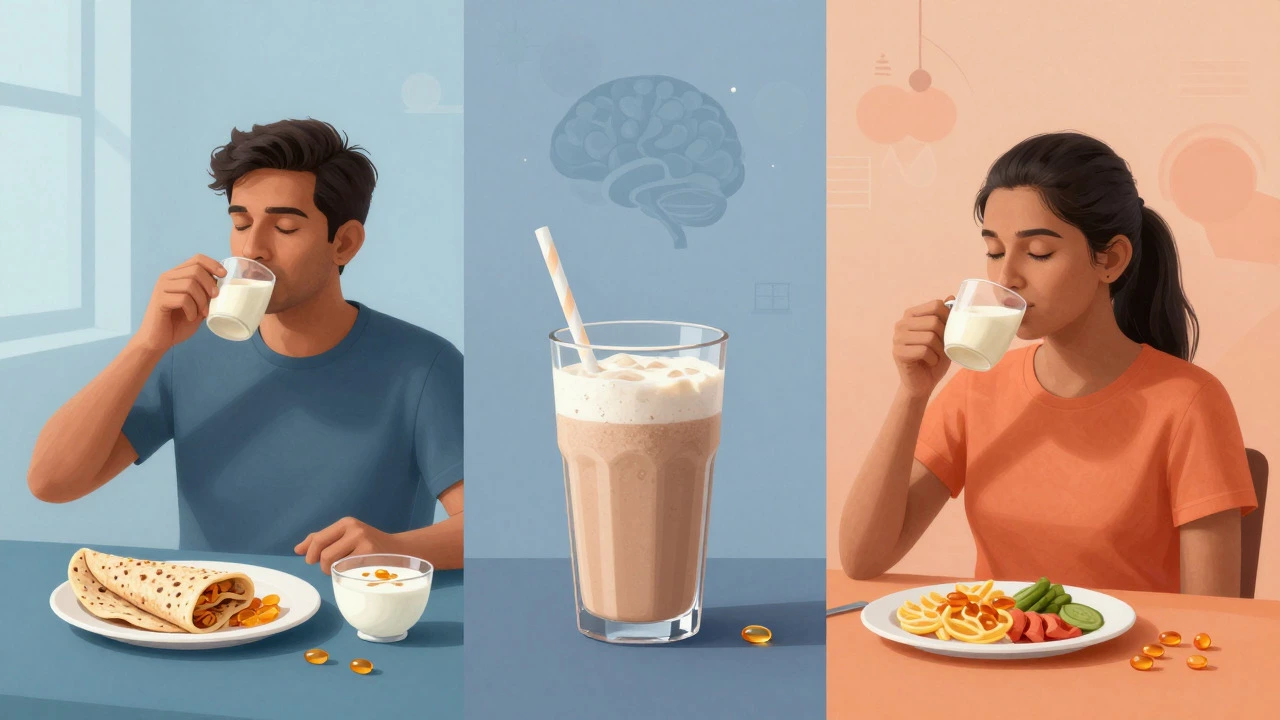 Conceptual art showing a daily supplement routine with meals in an Indian home setting.