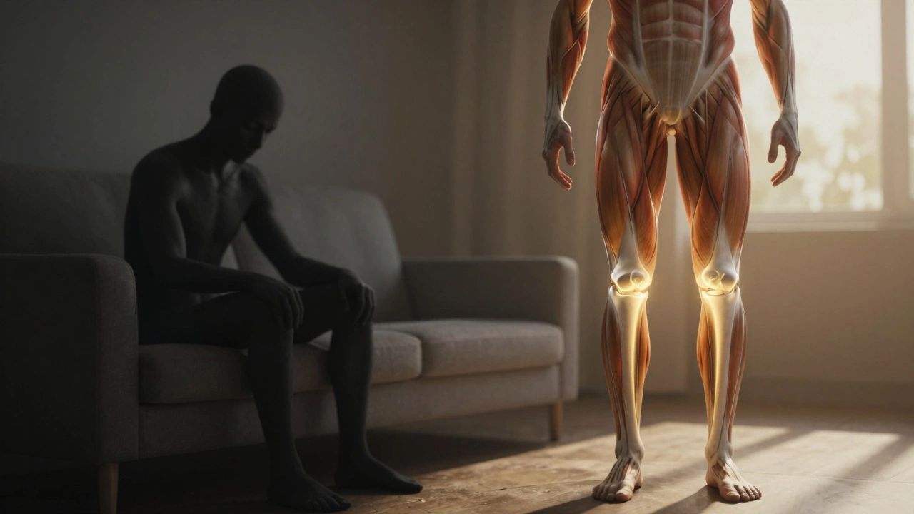 Conceptual art showing transition from passive rest to active knee strengthening