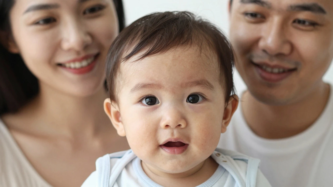 Family portrait showing a child with mixed genetic traits