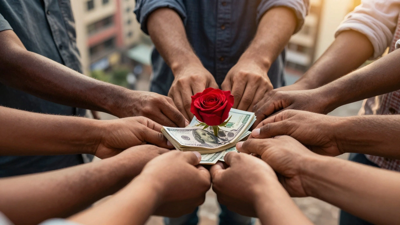 Hands joining over cash and a rose symbolizing community funding