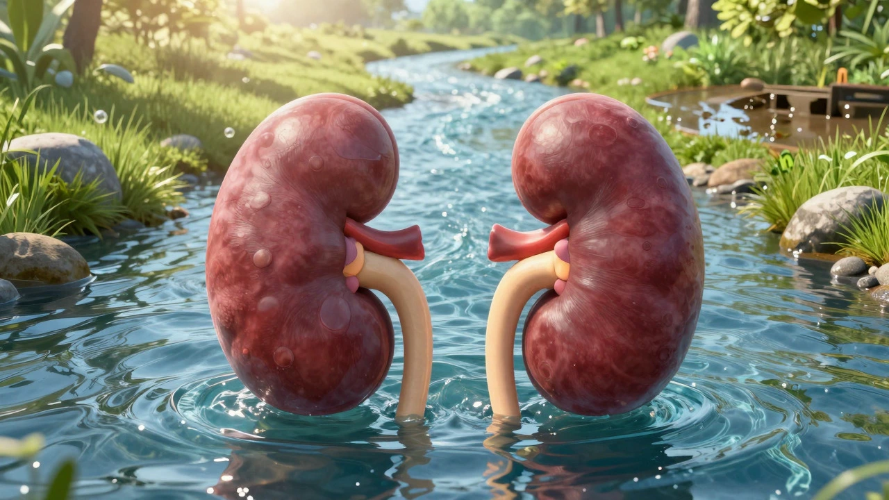 Healthy kidneys depicted as clear water streams symbolizing effective filtration