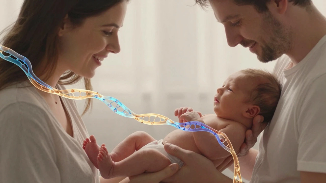 Illustration of parents' DNA strands merging into a baby