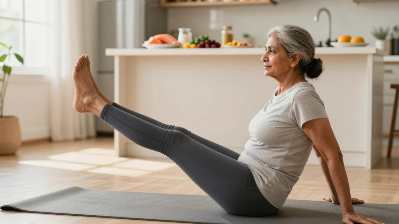 Indian senior woman doing straight leg raises at home with healthy food nearby