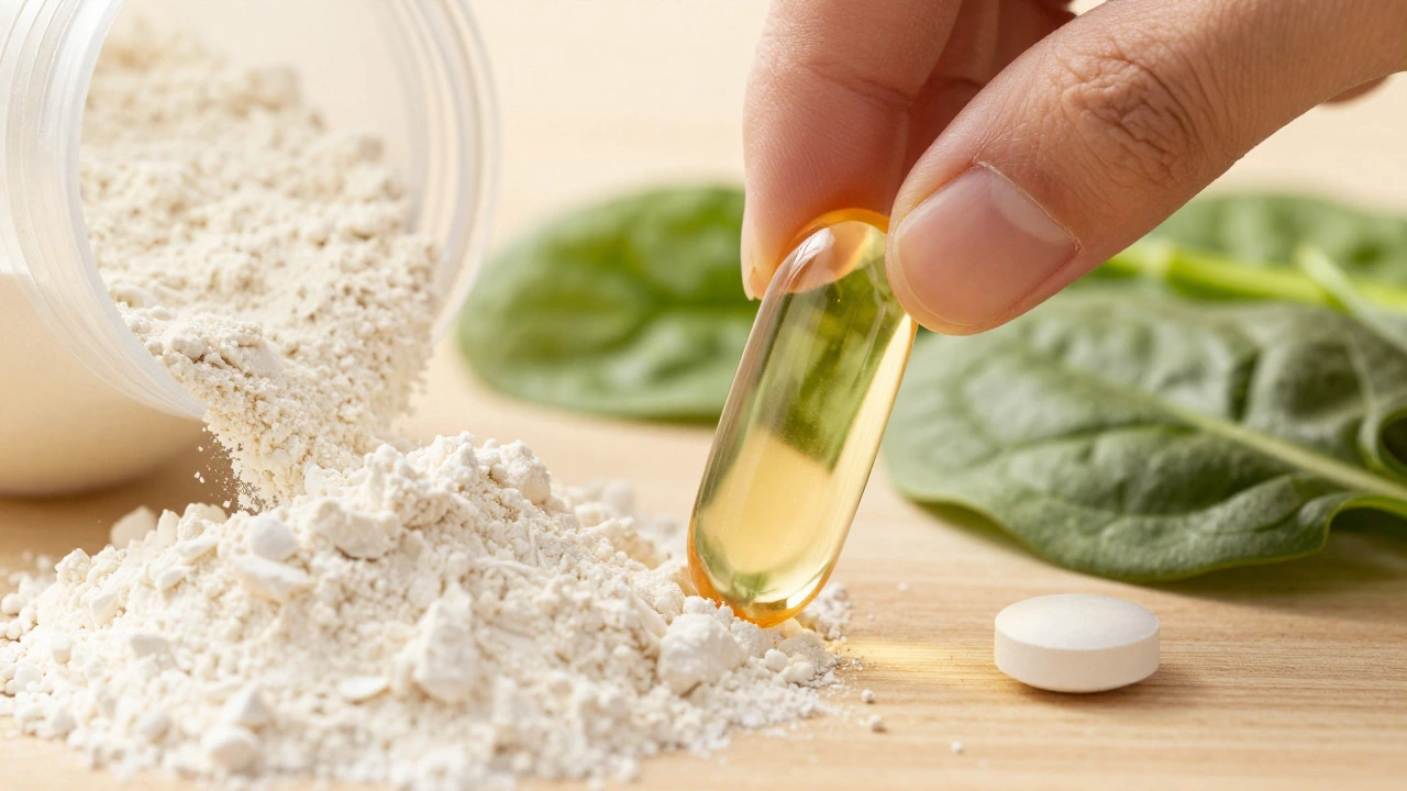 Macro shot of protein powder, Omega-3 capsule, and multivitamin with fresh vegetables.