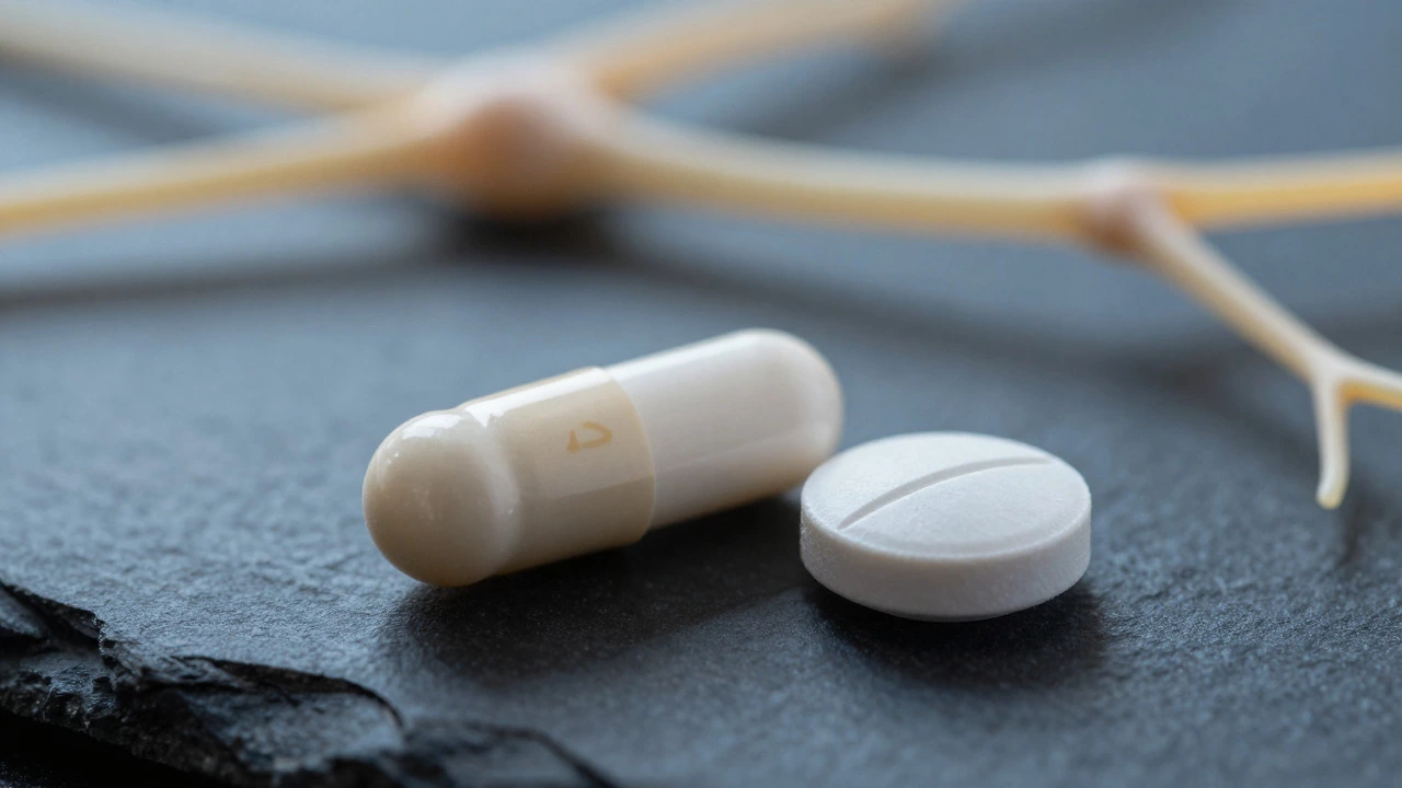 Metformin pill and B12 capsule on dark surface with glowing neural network background