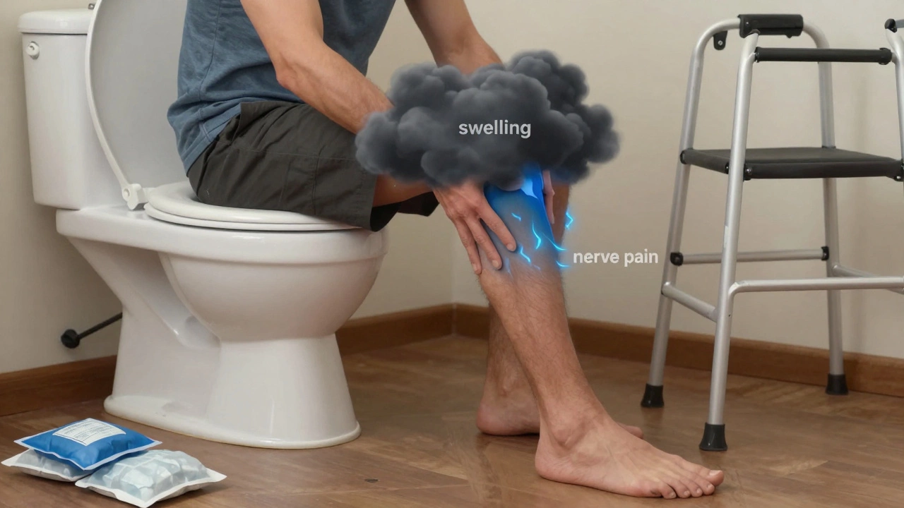 Patient doing leg exercises with ice packs and walker at home
