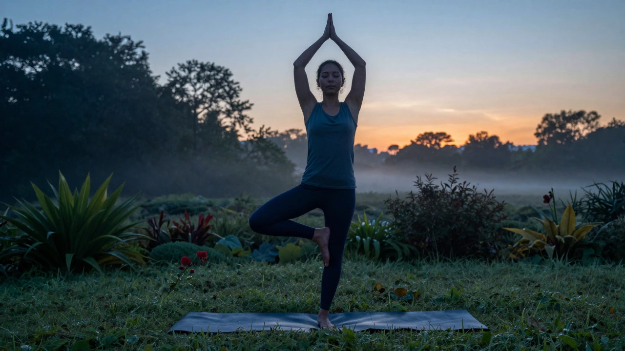 Person doing yoga in a garden at sunrise for daily routine balance