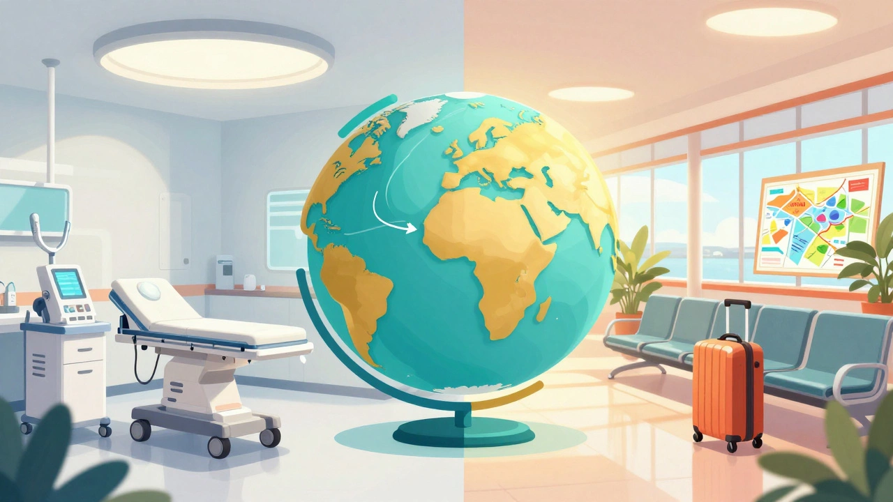 Split view of clinic and airport illustrating IVF medical tourism options