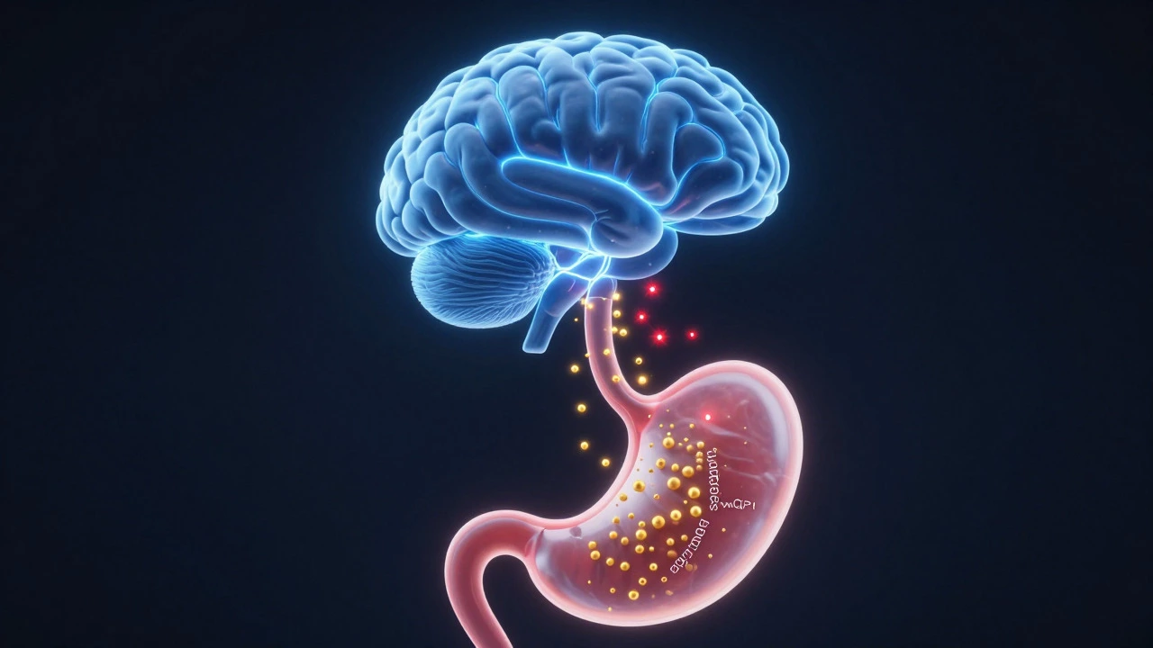 3D illustration of brain receiving satiety signals from stomach
