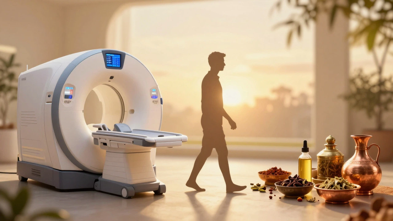 Conceptual art blending modern medical technology with traditional Ayurvedic healing