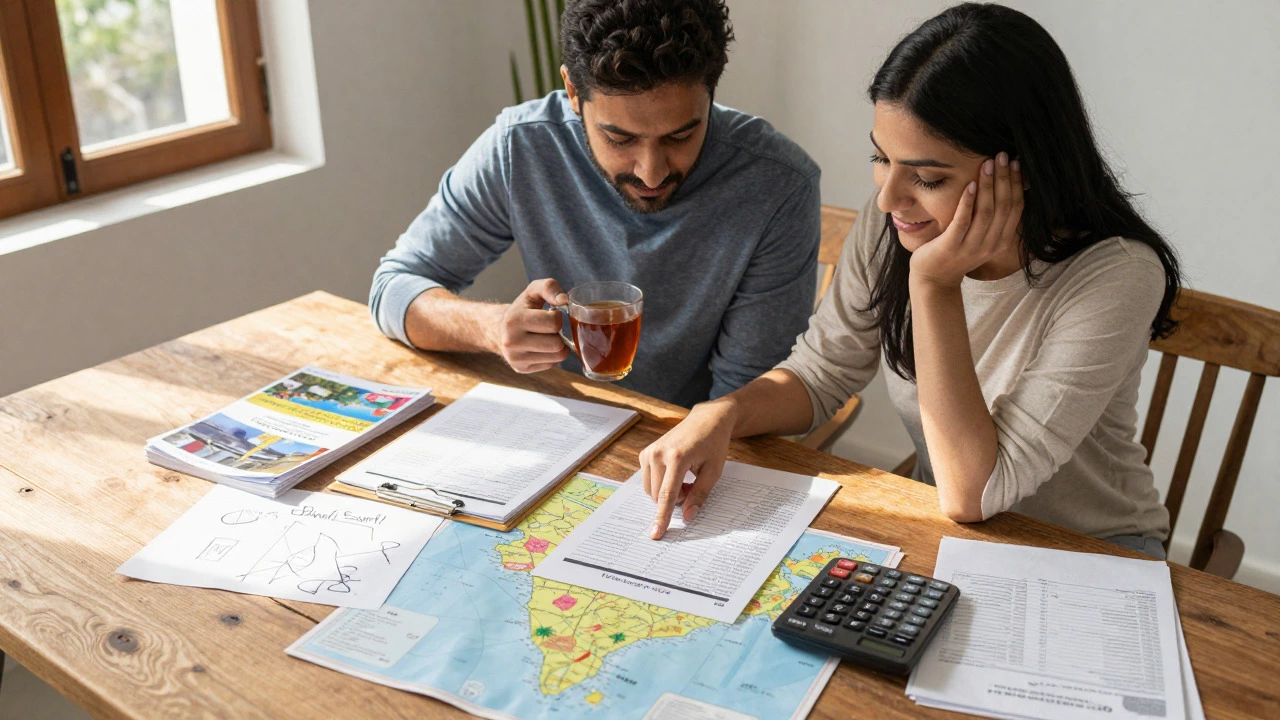 Couple reviewing IVF cost comparisons and travel plans at home.