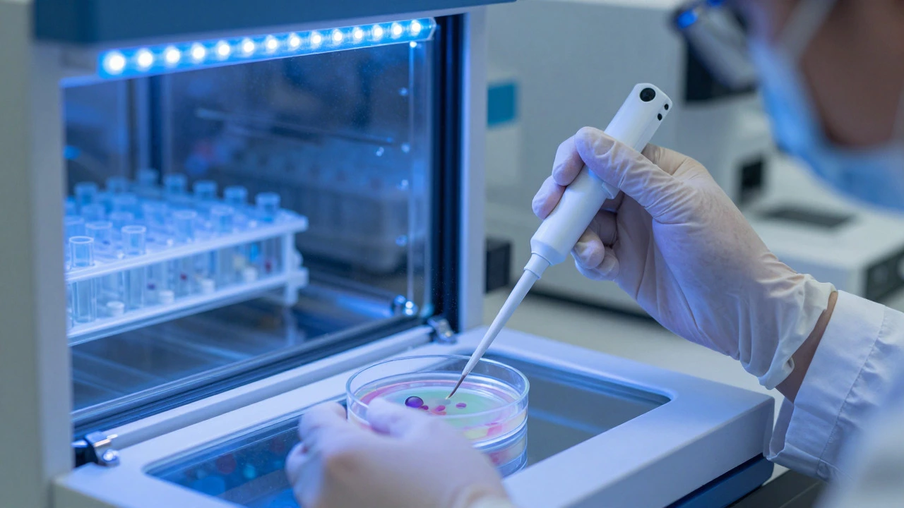 Embryologist performing precise IVF lab work under cool blue lighting.