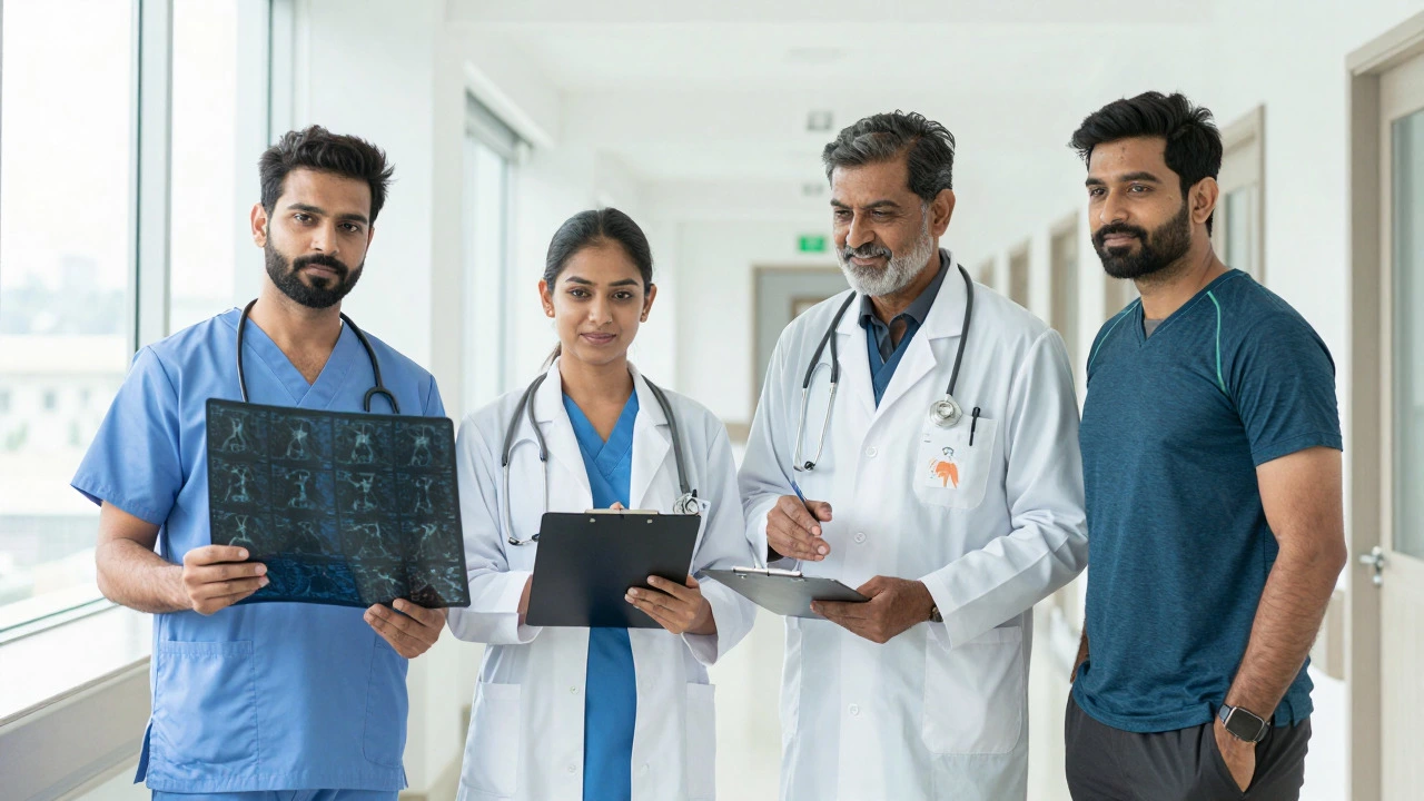 Four medical specialists representing orthopedics, rheumatology, physiatry, and sports medicine