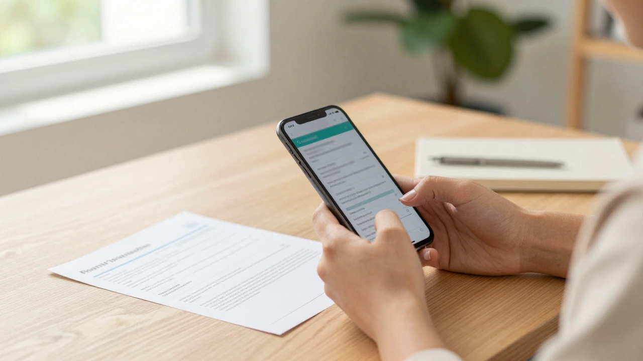 Hands holding a phone next to a prescription on a wooden desk