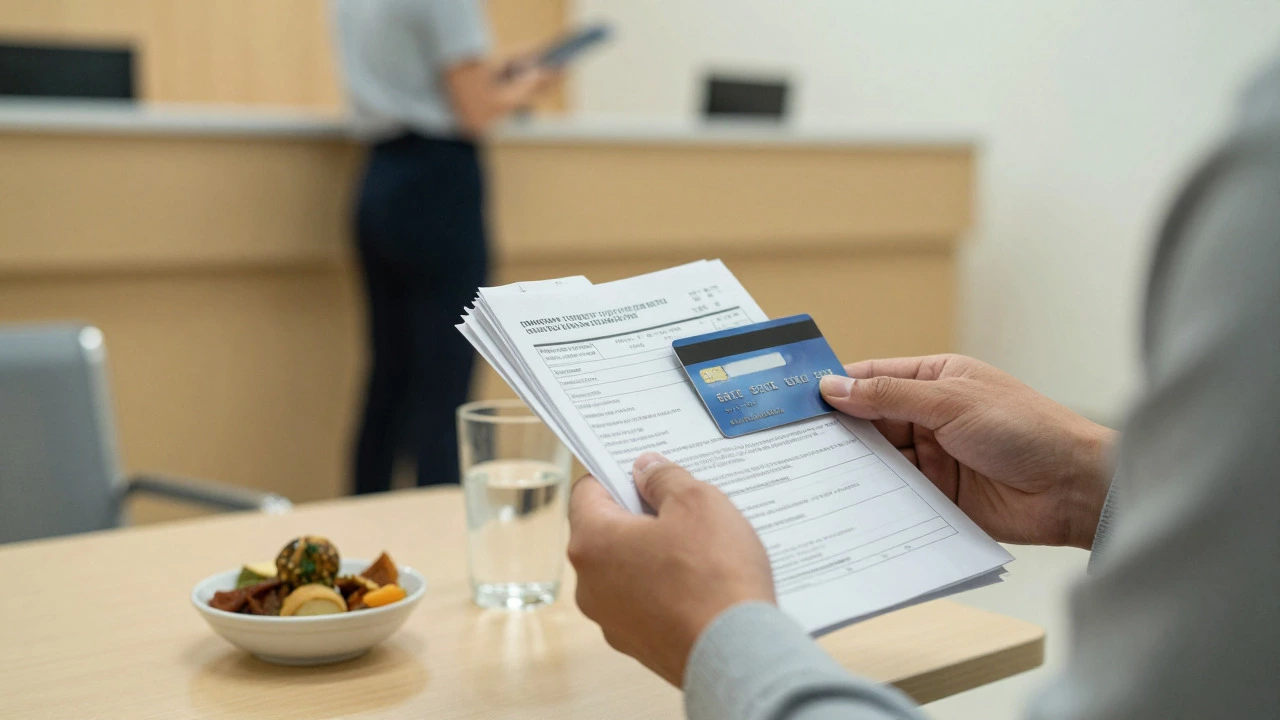 Hands holding medical bills and insurance documents