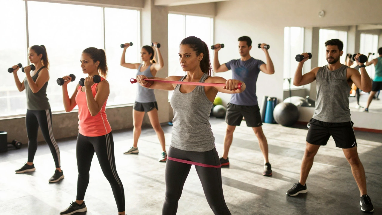 People doing strength training exercises in a sunny gym