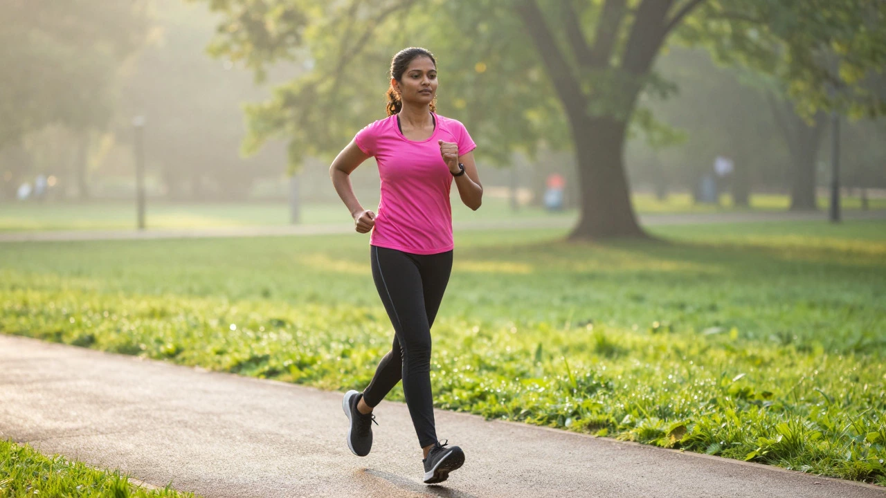 Woman jogging in a green park at sunrise, showing vitality