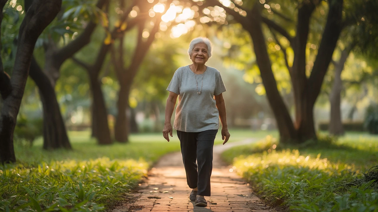 An elderly woman walks happily through a sunlit park, showcasing improved mobility after surgery.