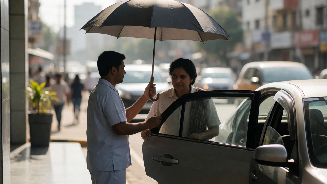 Caregiver shielding a cancer patient from the weather while helping them exit a car near an oncology clinic.