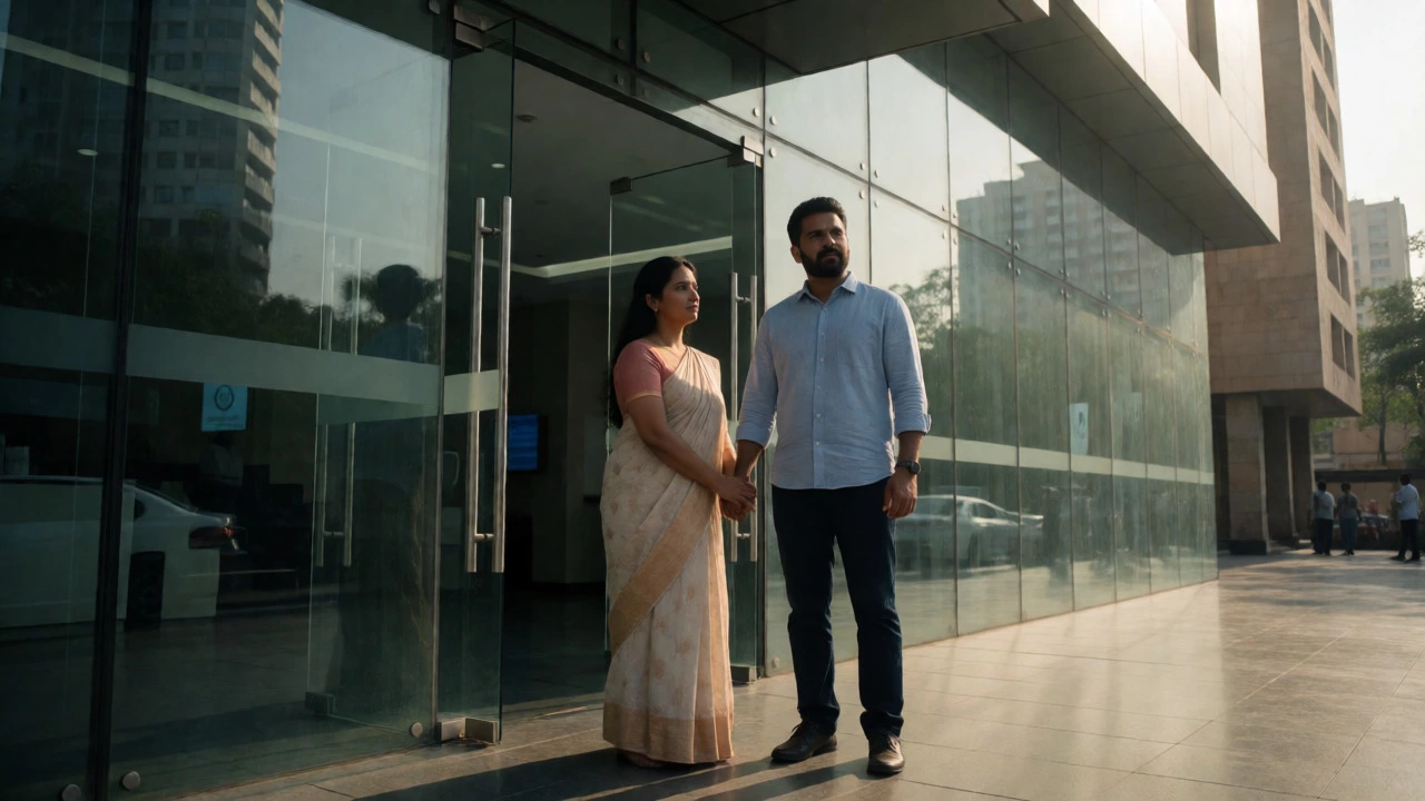 Couple contemplating IVF decisions outside a modern fertility center