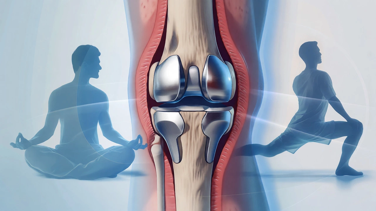Cross-section illustration of a knee replacement implant surrounded by symbols of mental health and exercise.