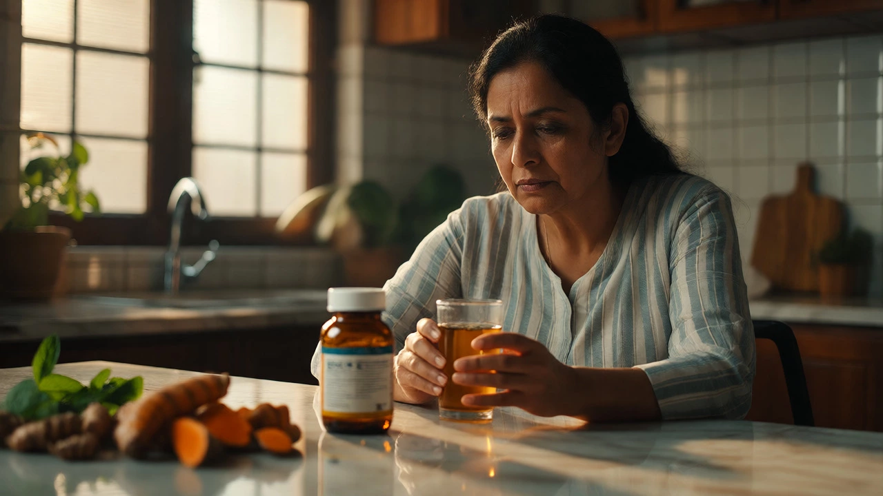 Indian woman examining herbal supplements with concern