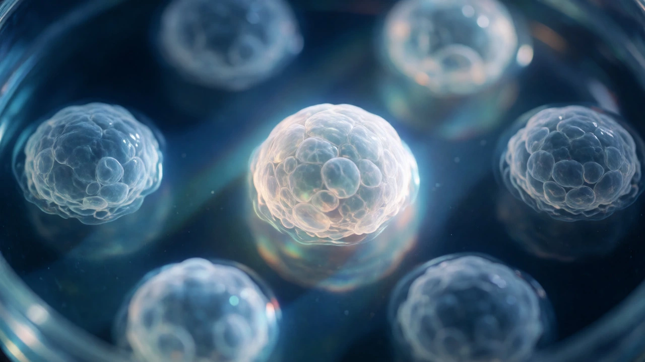 Macro view of glowing blastocysts undergoing genetic testing in a lab