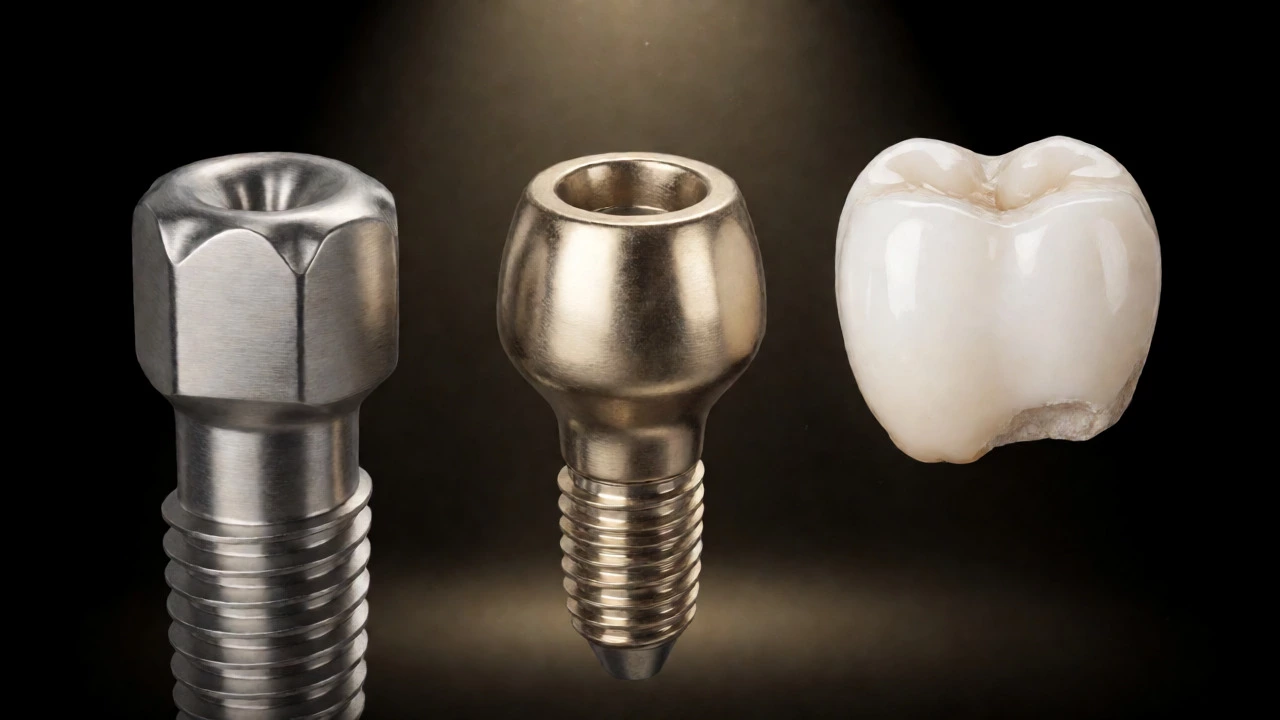 Side-by-side comparison of implant post, abutment, and porcelain crown