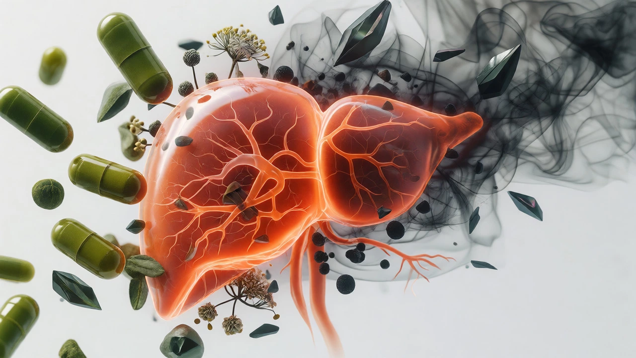 Stylized liver surrounded by herbal extracts and dark smoke
