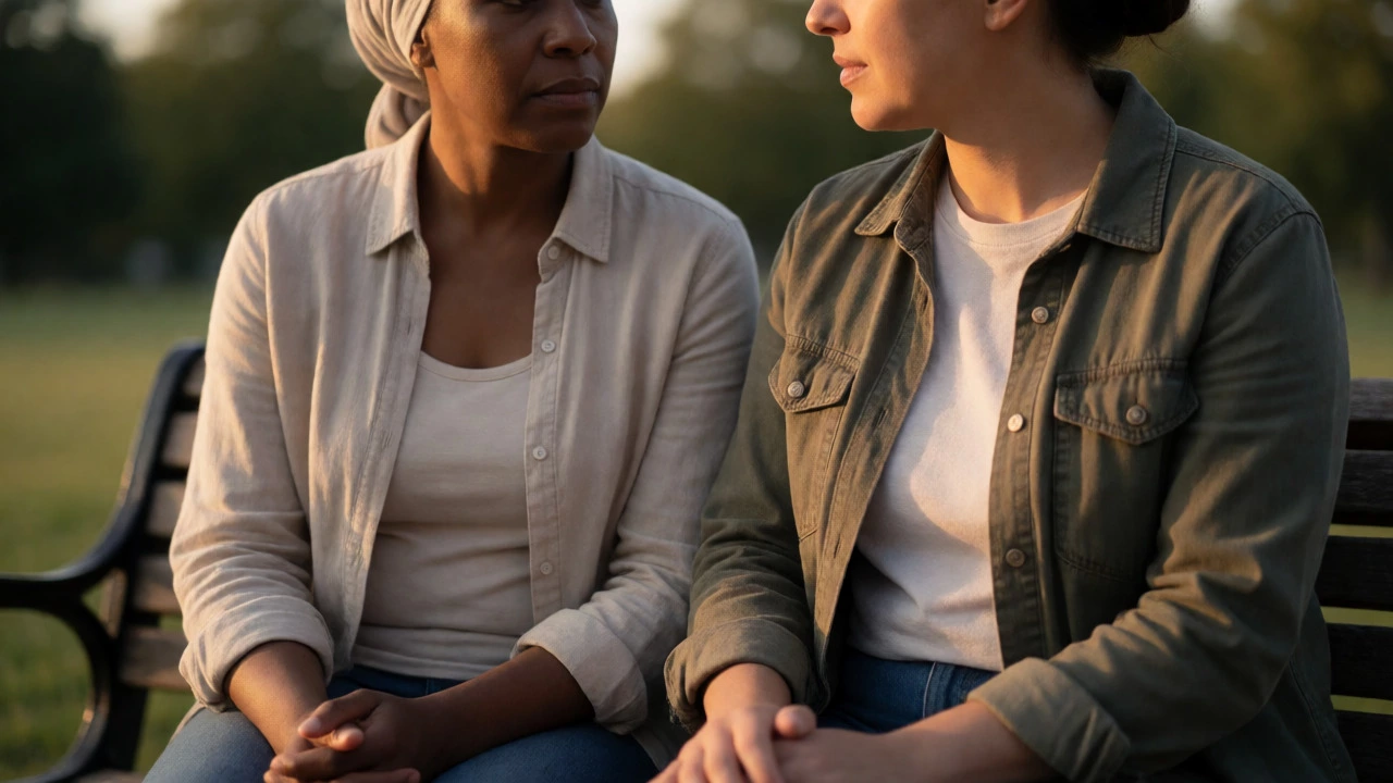 Two friends sitting quietly on a park bench, sharing a moment of silent emotional support and connection.