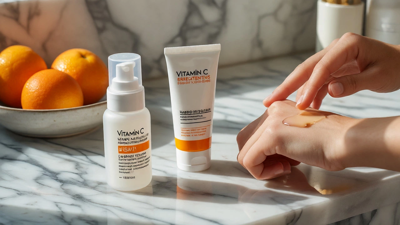 Vitamin C serum and sunscreen on a counter