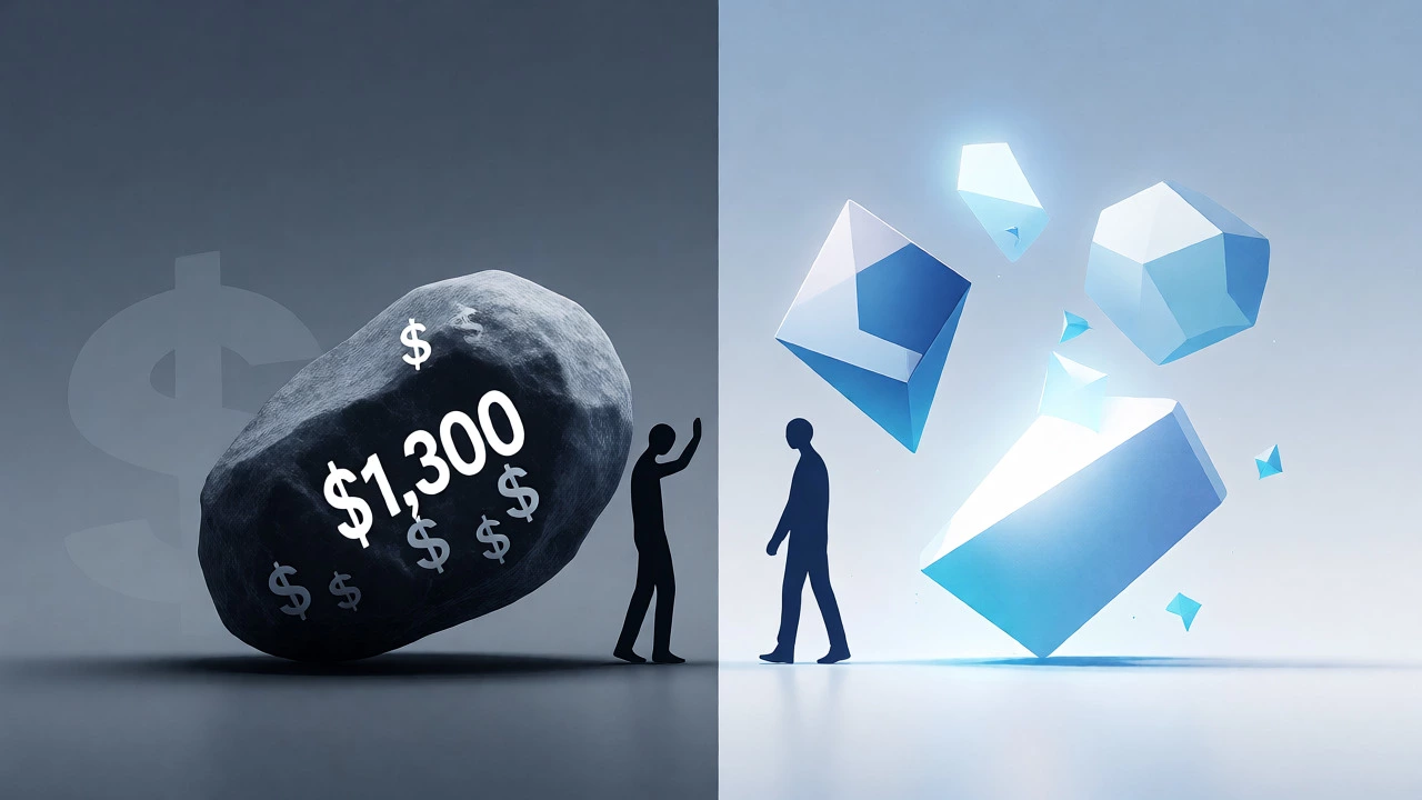 Conceptual art contrasting heavy financial burden with light, affordable options via savings programs.