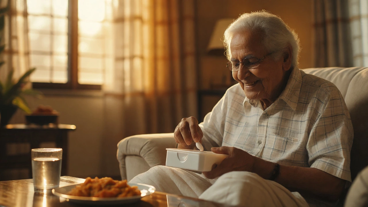 Elderly patient taking medication at home