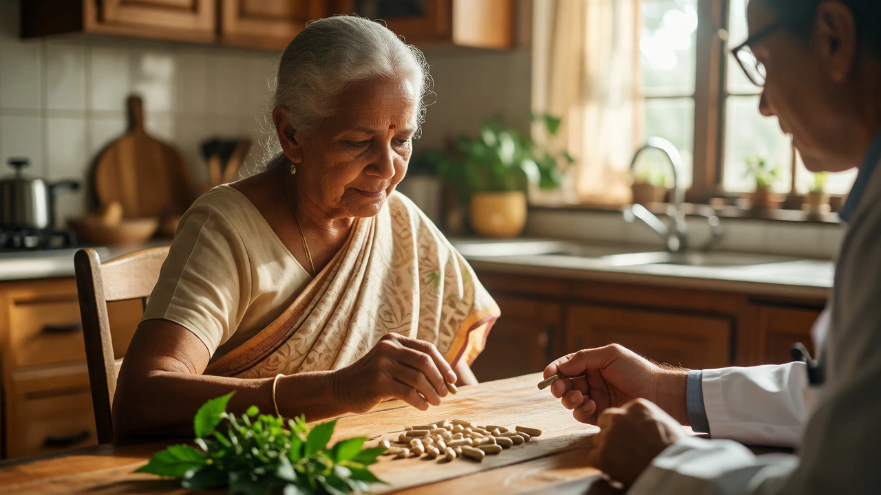Elderly woman consulting doctor about herbal supplements