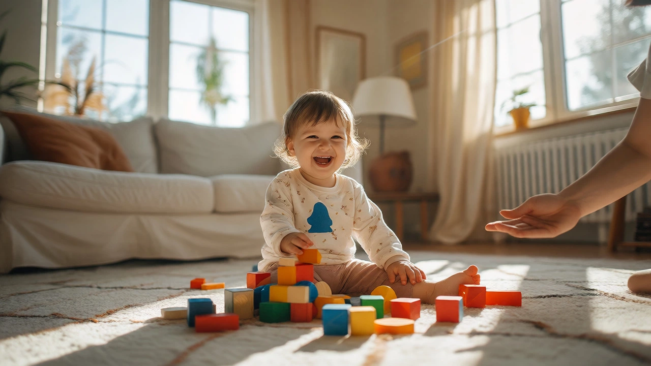 Happy toddler playing with blocks in a bright living room