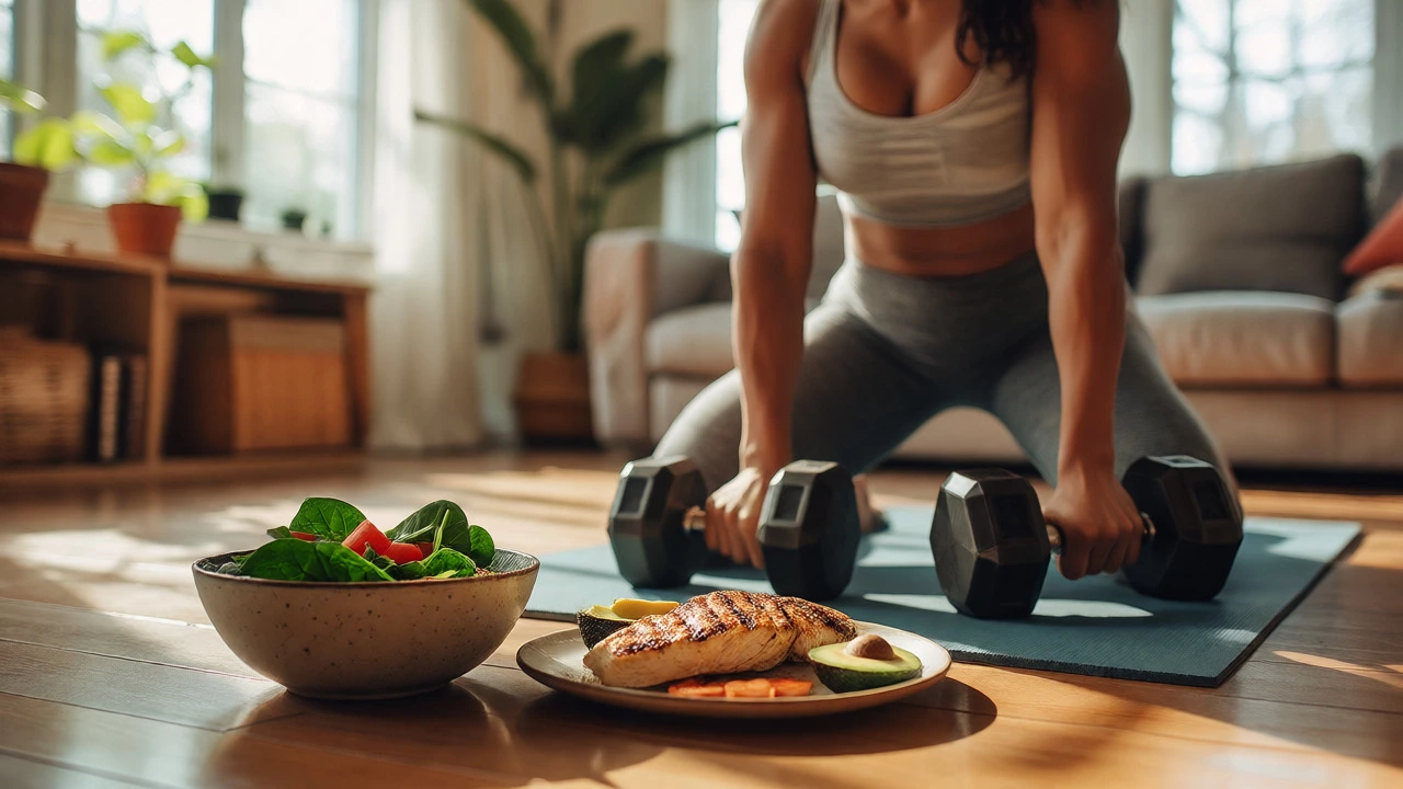 Person exercising at home with healthy low-glycemic foods nearby