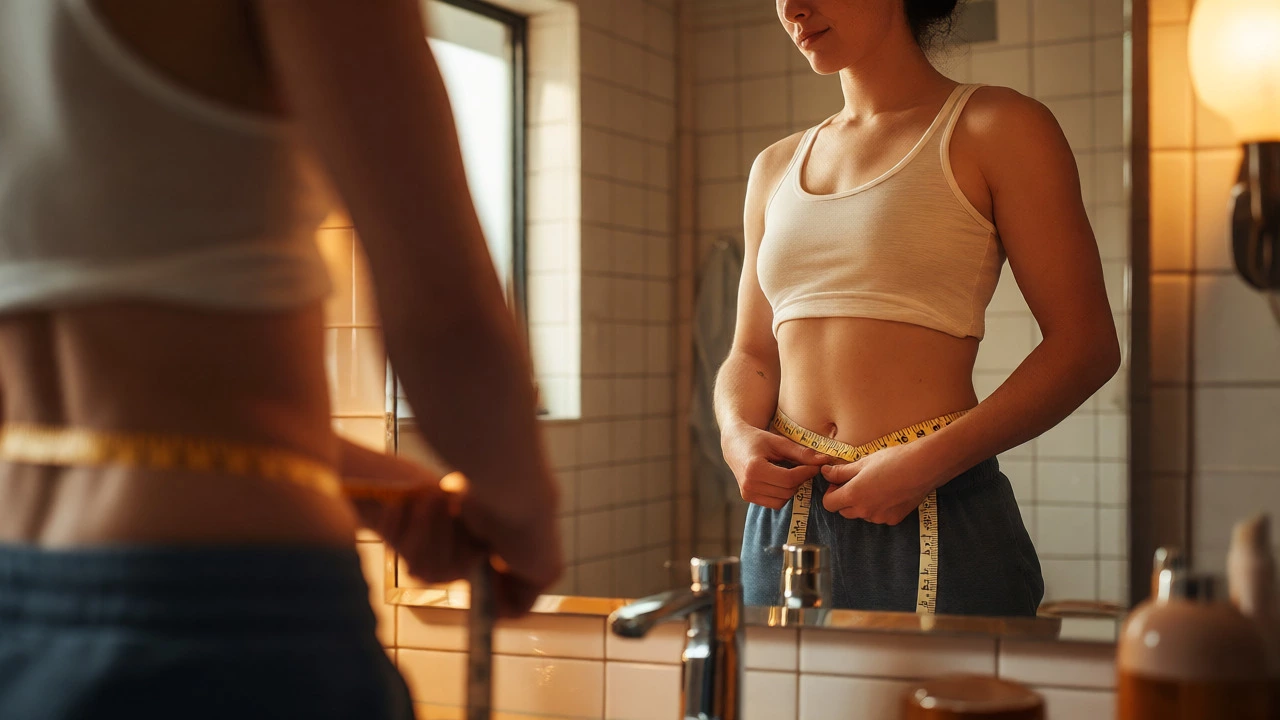 Person measuring waistline in a mirror reflecting weight loss progress