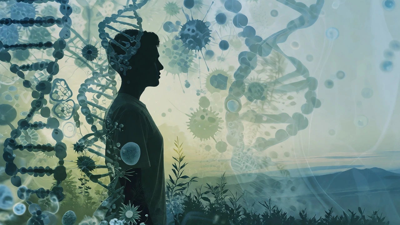 Silhouette of a young adult blended with abstract biological patterns