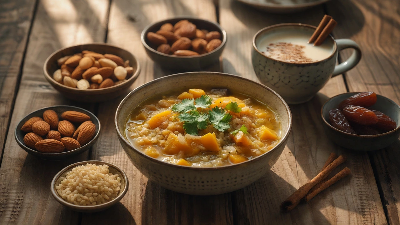 Warm bowl of root vegetable stew and nuts representing Vata balancing diet